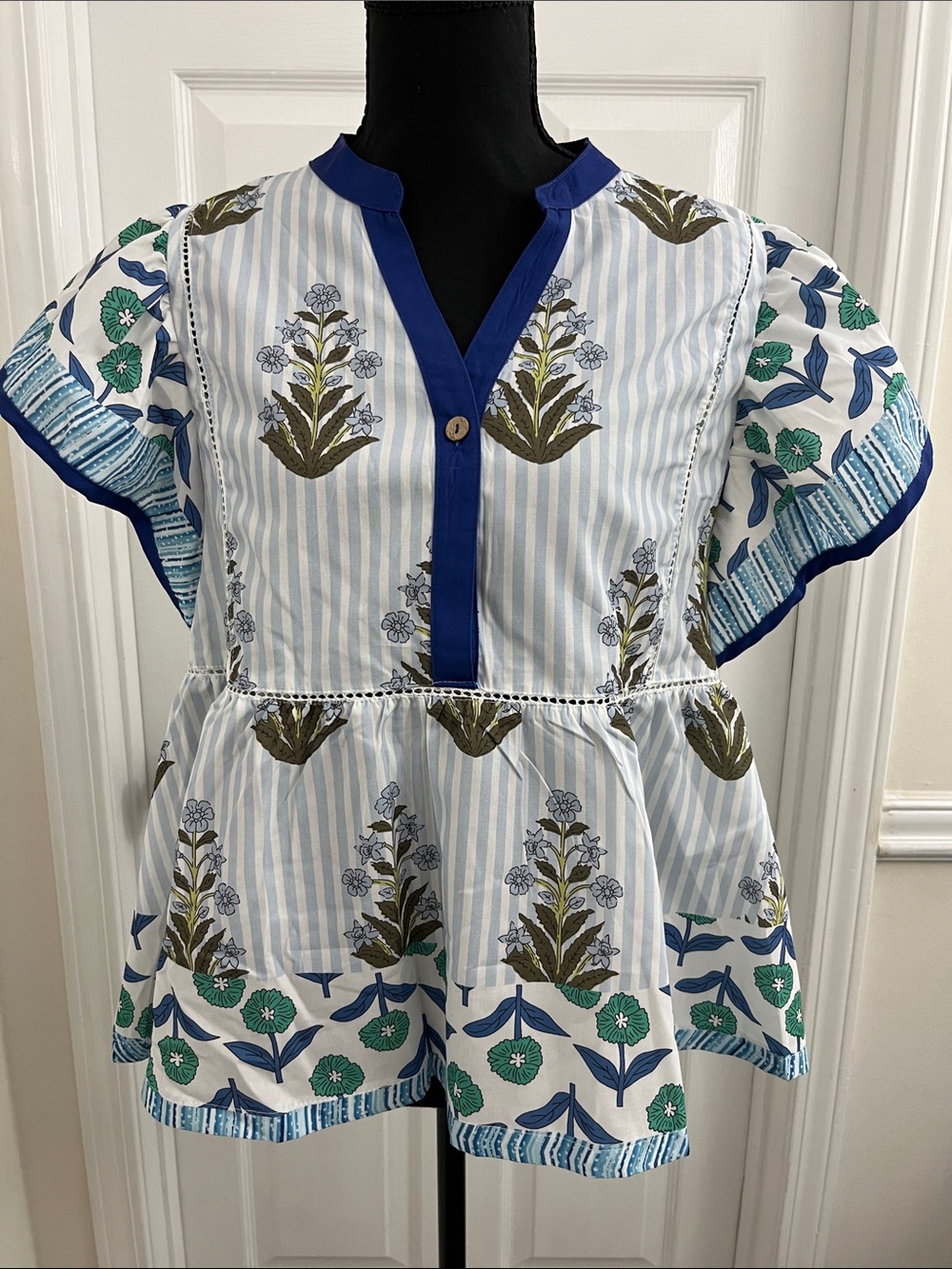 Amazon Blue & White Floral Peplum Blouse